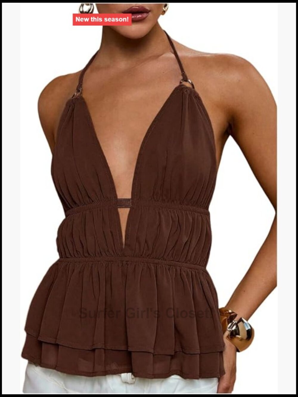 Sleeveless Halter Top V Neck Smocked Ruffle Going Out Top